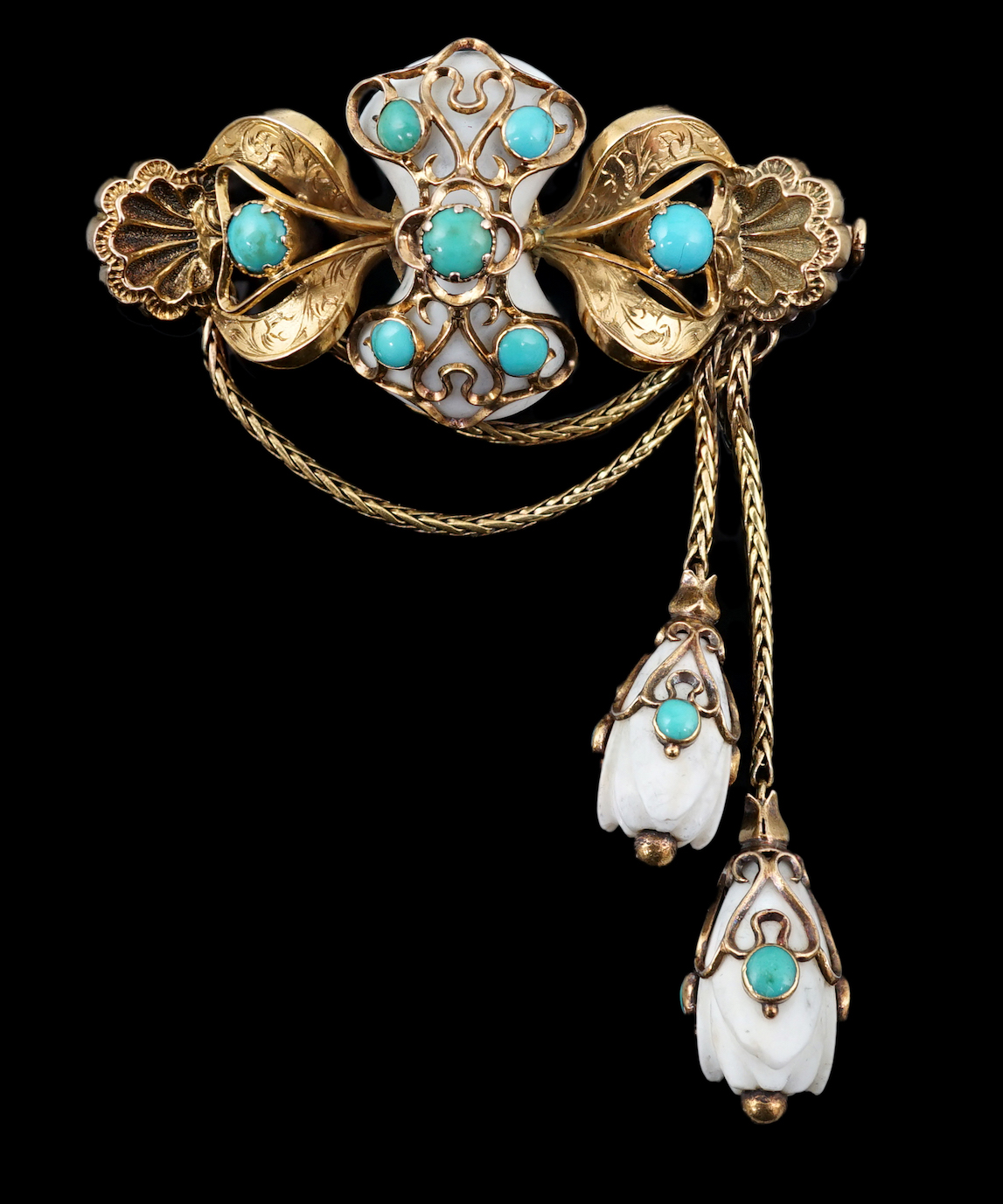 A Victorian engraved gold, white coral and turquoise cluster set tassel drop brooch